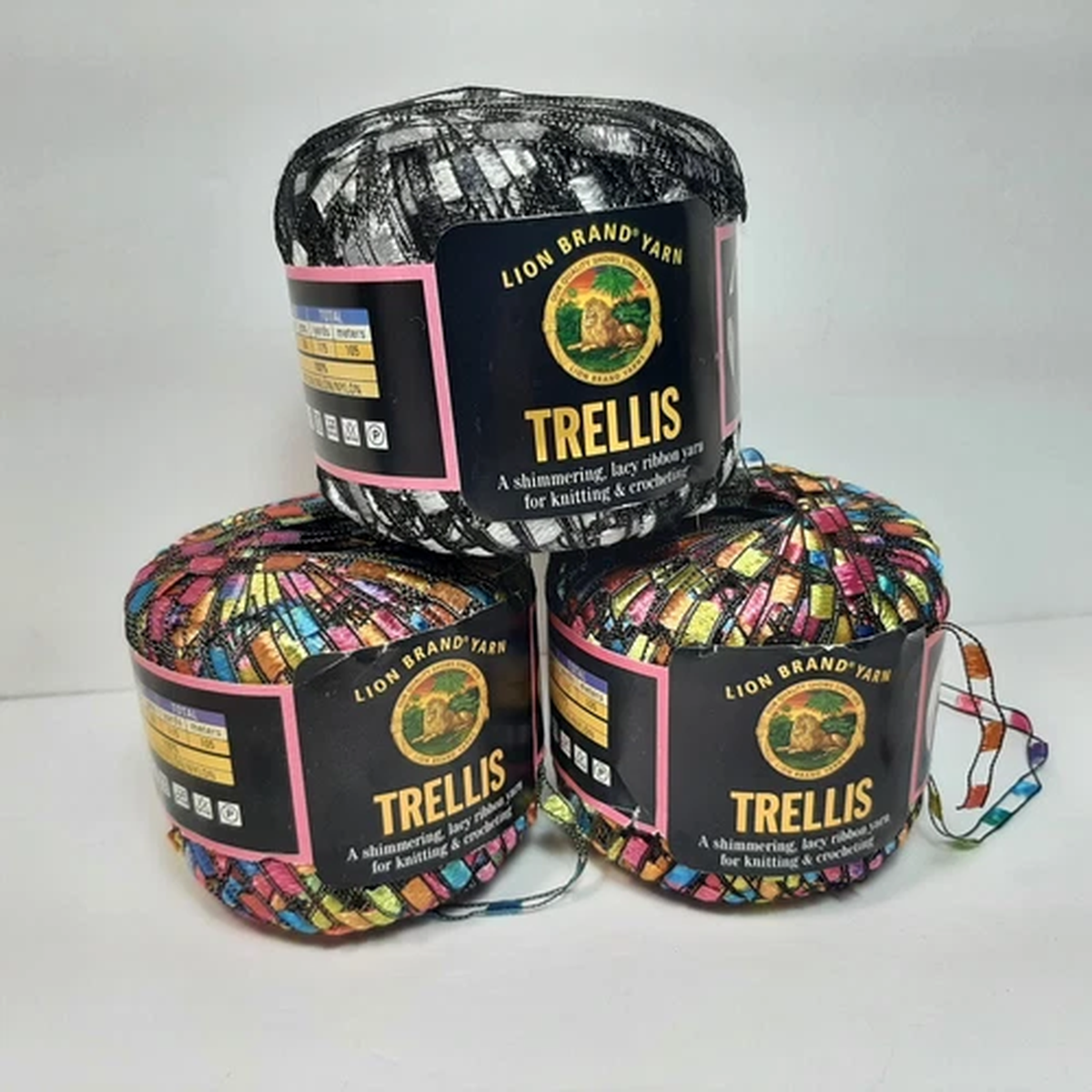 Three Cones Skeins Trellis Yarn Lion Brand Pastel Garden (2) and Night Life (1)